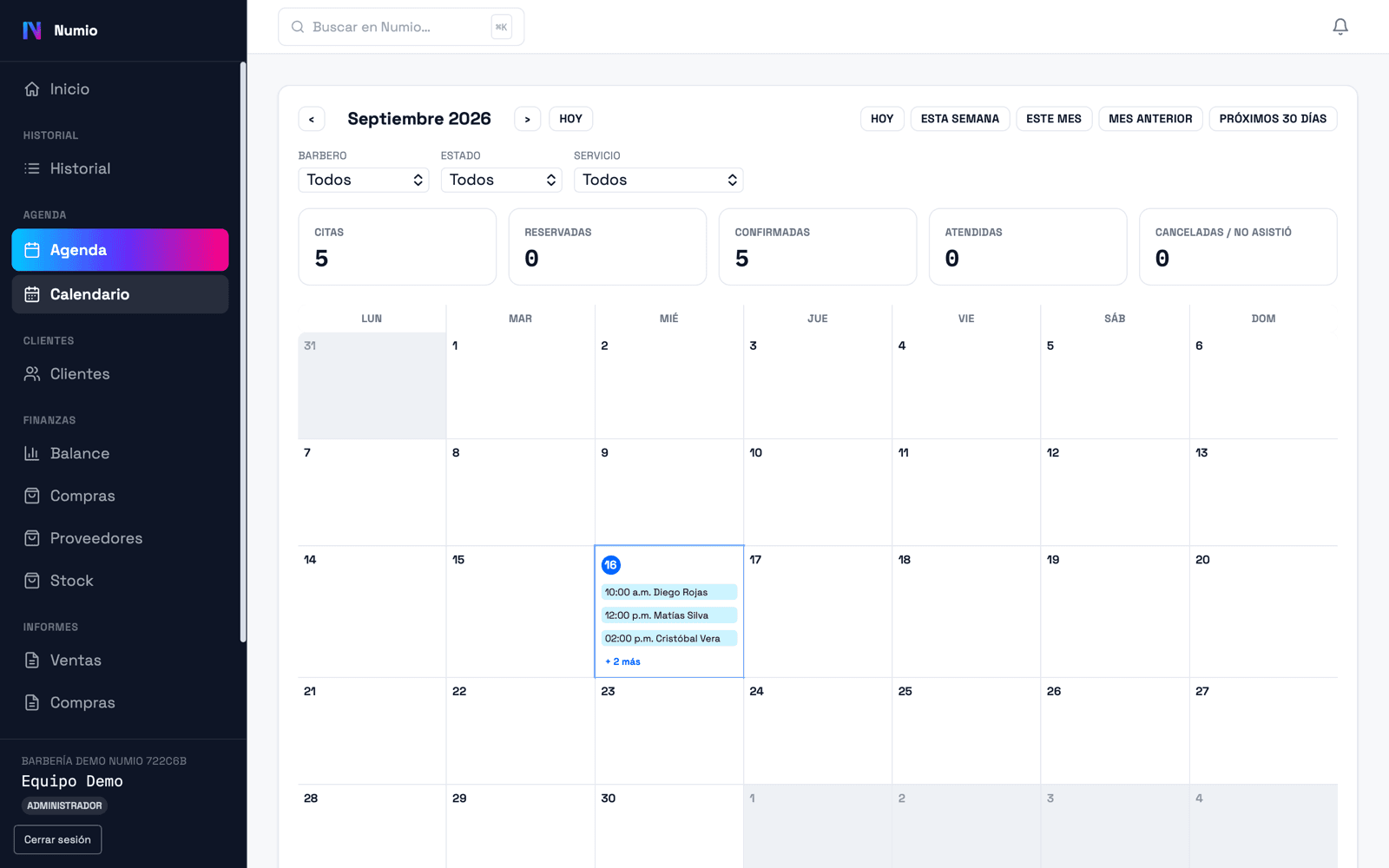 Agenda mensual de Numio Barbería con las citas del día y el resumen por estado.