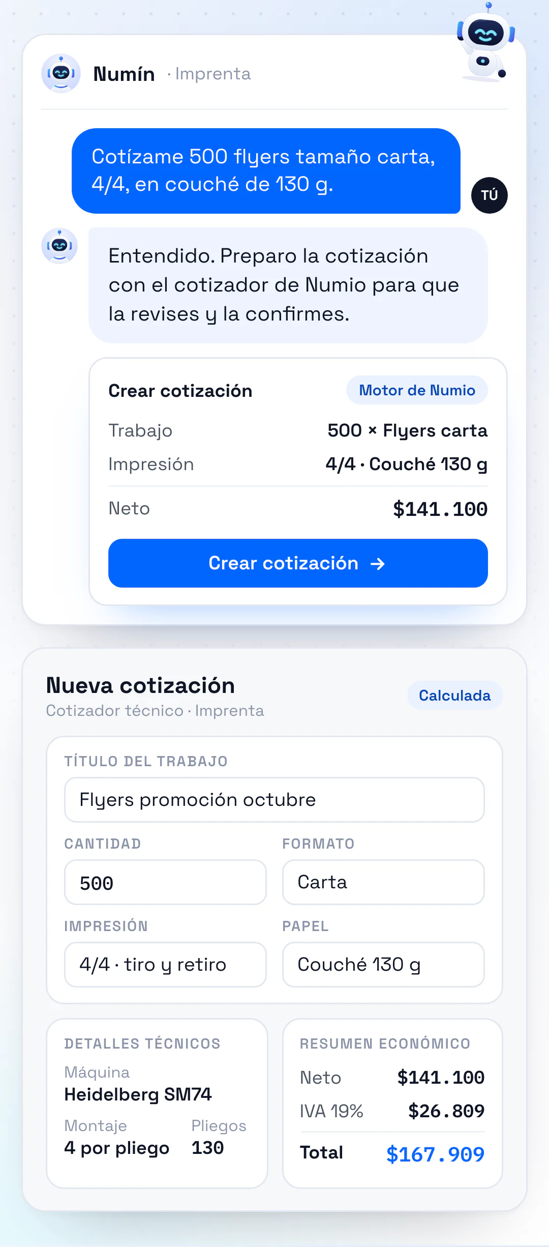 Ilustración con datos ficticios: una persona le pide a Numín cotizar 500 flyers tamaño carta, impresión 4/4, en papel couché de 130 g. Numín responde que preparará la cotización con el cotizador de Numio para que la revise y la confirme, y muestra una tarjeta «Crear cotización» con el trabajo y un neto de $141.100. A la derecha, la pantalla de nueva cotización de Numio con el título, la cantidad, el formato, la impresión, el papel, los detalles técnicos y el resumen económico: neto $141.100, IVA $26.809 y total $167.909.